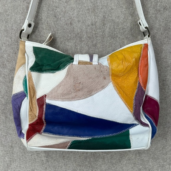 Vintage 80s Leather Patchwork Ladies Handbag Purse Crossbody Multicolor White - Picture 4 of 12
